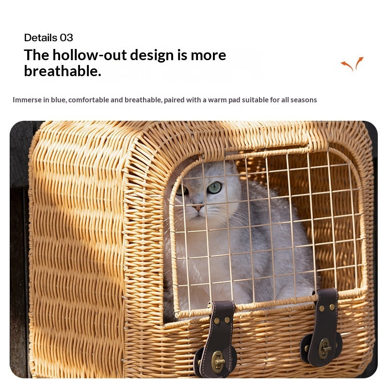 Portable Woven Rattan Pet Carrier With Ventilated Pull Handle