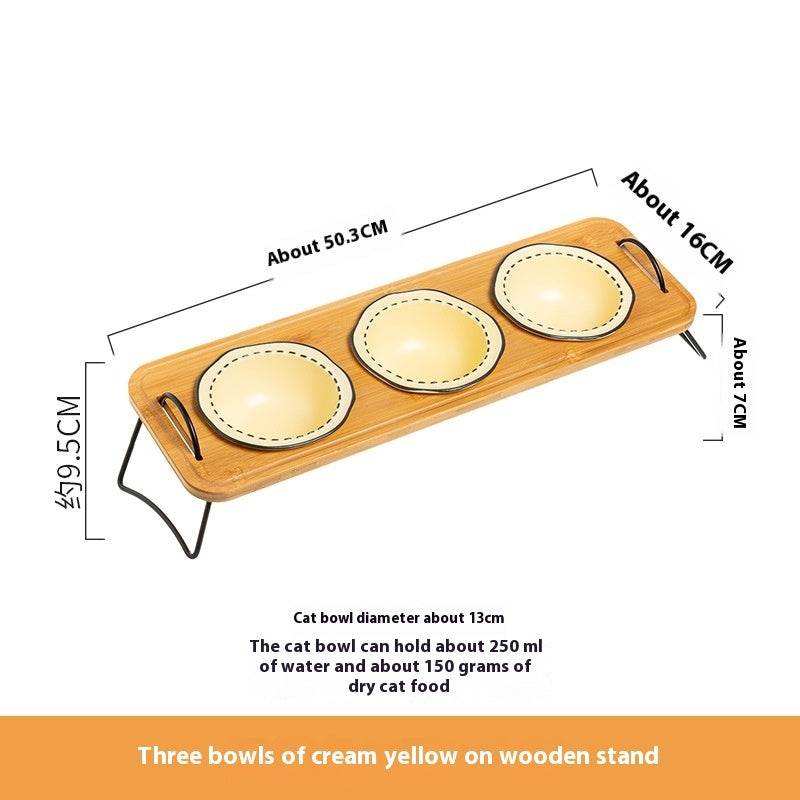 Wooden Pet Feeding Rack With Ceramic Anti Tumble Bowl