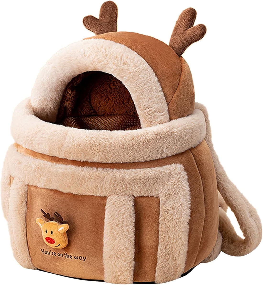 Plush Reindeer Pet Travel Backpack Carrier Bag With Hand Warmers