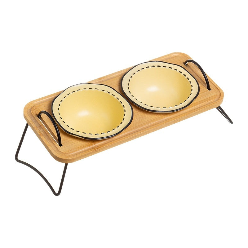 Wooden Pet Feeding Rack With Ceramic Anti Tumble Bowl