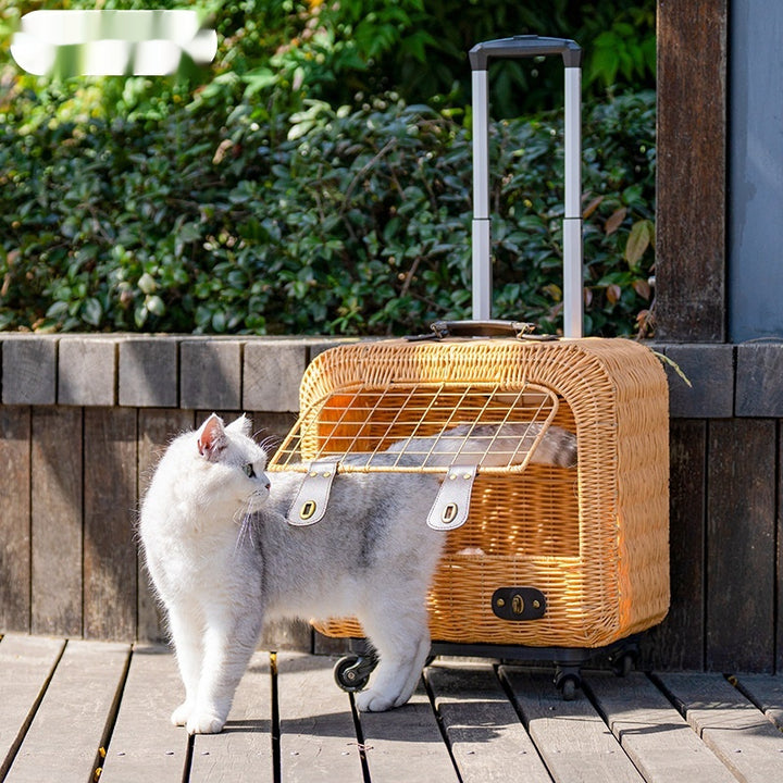 Portable Woven Rattan Pet Carrier With Ventilated Pull Handle