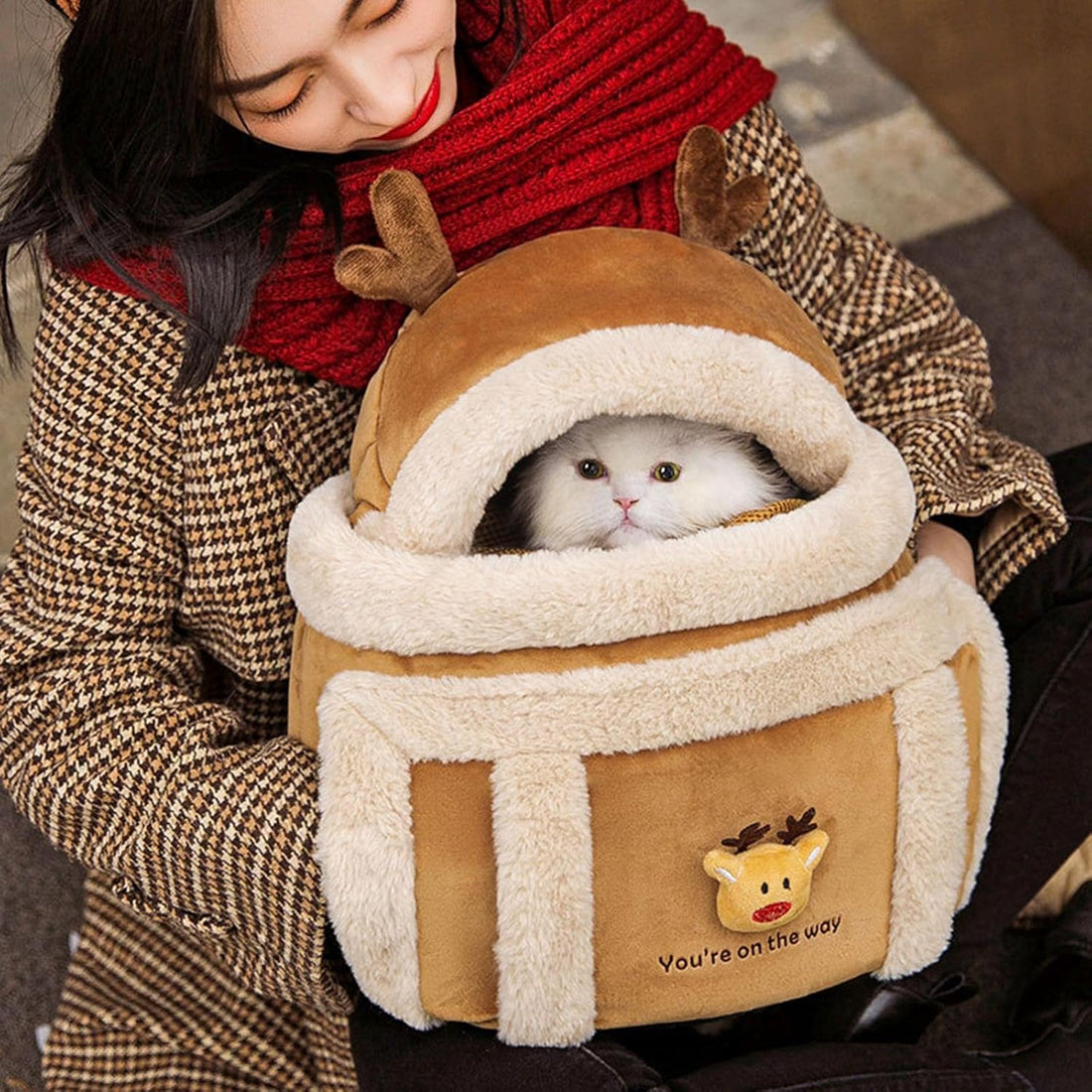 Plush Reindeer Pet Travel Backpack Carrier Bag With Hand Warmers