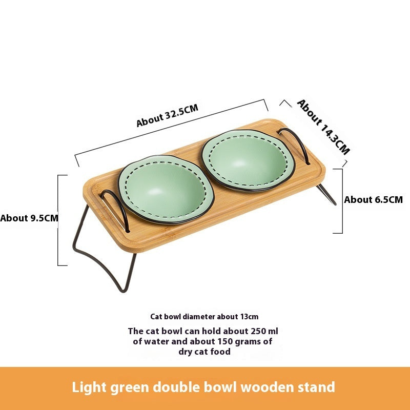 Wooden Pet Feeding Rack With Ceramic Anti Tumble Bowl