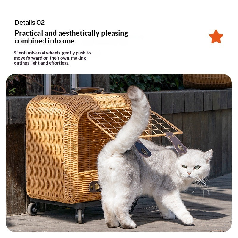 Portable Woven Rattan Pet Carrier With Ventilated Pull Handle